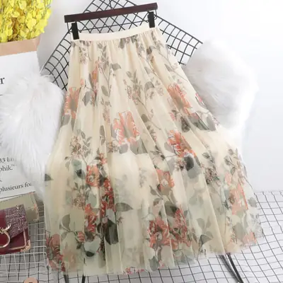 Printed Floral Skirt Slim Fit Mid Length Mesh Four Season