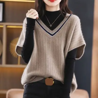 Women's Grey V-Neck Knitted Vest for Autumn Winter