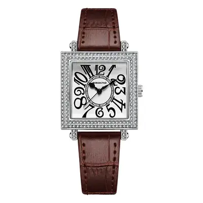 Women's Diamond Square Quartz Watch Brown Leather Belt