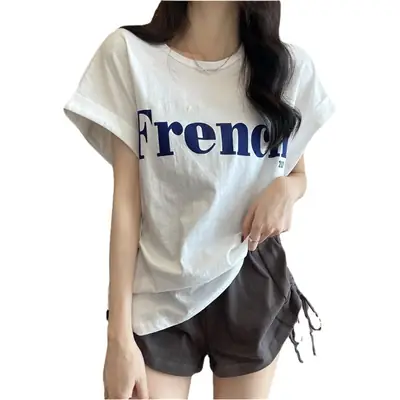 Women Frener Printed Cotton T-Shirt White Black Shorts