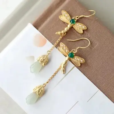 Fringed Dragonfly Ear Drop Gold Plated Elegant Light