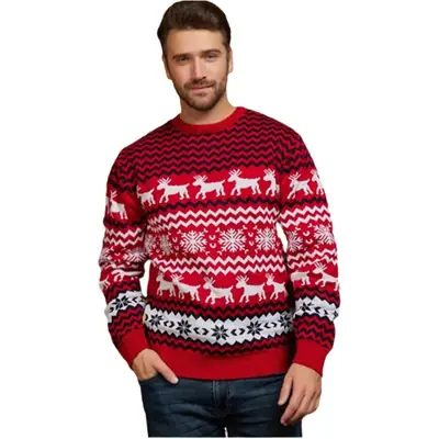 Men's Red Elk Pattern Christmas Sweater Crew Neck Long Sleeve