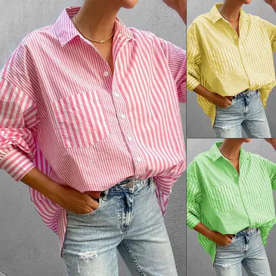 Women's Green Striped Lapel Shirt 2025 Summer