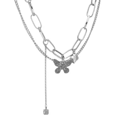 Double Layer Butterfly Chain Necklace Women Silver
