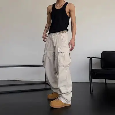 Men's Black Multi-Pocket Cargo Pants High Street Style