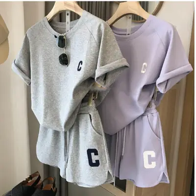 Women's Summer Sports Suit Gray Light Purple C Print Loose Fit Shorts Set