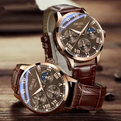 Oriss 185 Men's Luminous Waterproof Chronograph Watch Brown Leather Strap