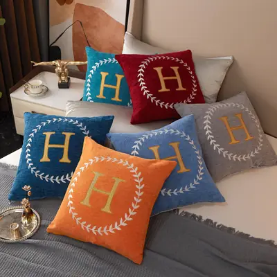 Blue Chenille Pillow with Gold H Embroidery