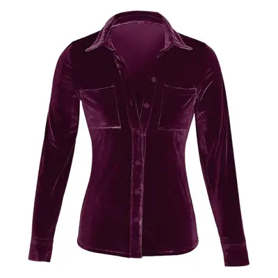 Women Velvet Long Sleeve Shirt Blue Gold Lapel