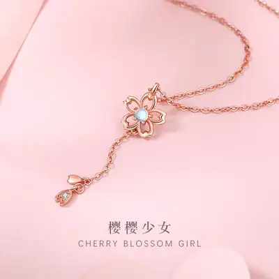 Cherry Blossom Sterling Silver 925 Necklace Women's Fashion Joker ins Style Glazed Stone Clavicle Chain Valentine's Day Flower Pendant
