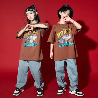 Girls Hip Hop T-Shirt Set Brown Gray Street Dance Wear