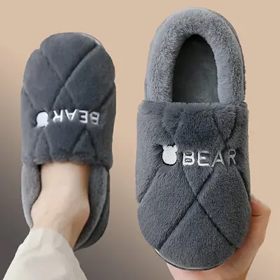 Men's Fleece Lined Grey Slippers Winter Indoor Warm Non-Slip