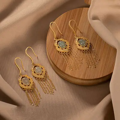 Gold Plated Hetian Jade Earrings Set