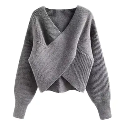 Korean Style Grey Knit V Neck Long Sleeve Women's Sweater