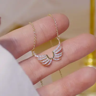 Gold Angel Wings Necklace with Diamond Clavicle for Women