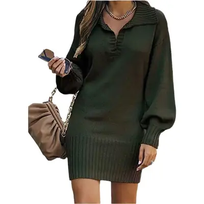Women's Red Knitted Mid-Length Sweater Skirt with Lantern Sleeves