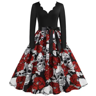 Real Shot Spot 20.21 million Holy Festival New Skull Printed V-Neck Burned Flower Long Sleeve Large Swing Dress
