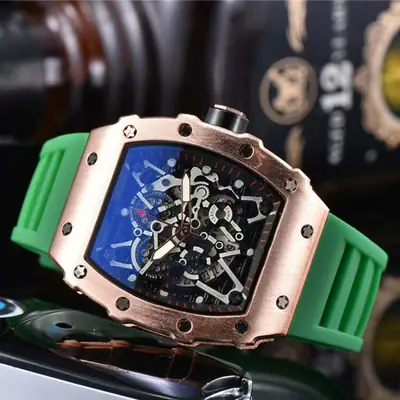 Men's Green Silicone Skeleton Watch with Blue Glass
