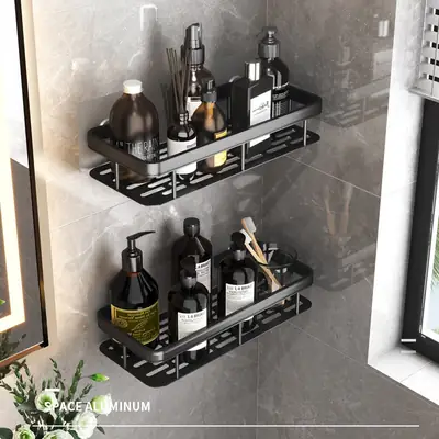 Wall Mount Bathroom Shelf Black Aluminum Punch Free 2 Layer