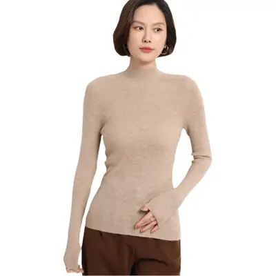 Women's Red Knitted Half-Turtleneck Long Sleeve Top
