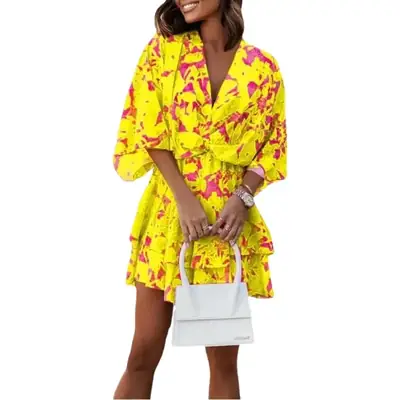 2023 V-Neck Printed Dress Women Loose Sleeve