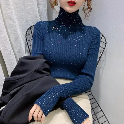 Black Rhinestone Knitted High Collar Women's Shirt Sweater