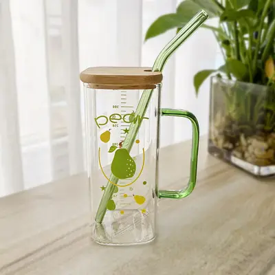 Straw Fruit Print Glass Cup with Lid & Handle