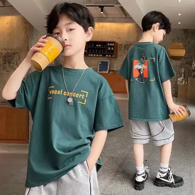 Children Cotton Yellow Loose T-Shirt Round Neck