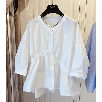 2025 Summer Korean Style Light Blue Cotton Babydoll Shirt