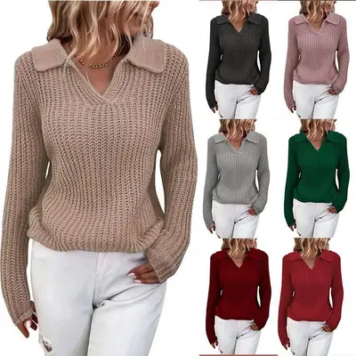 Women's Red Knit V-Neck Sweater with Lapels