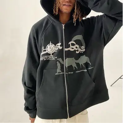 Men Black Cartoon Fleece Hoodie with Zip Front