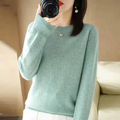 Women Grey Crewneck Sweater Slim Fit Long Sleeve