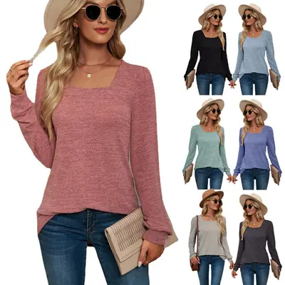 2022 Amazon Autumn T-Shirt U-Collar Sleeve Casual Loose