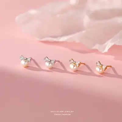S925 Sterling Silver Bow Pearl Earrings for Women