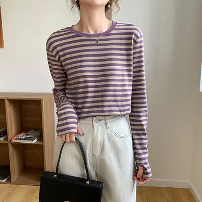 Women Striped Long Sleeve Cotton Top Autumn 2026