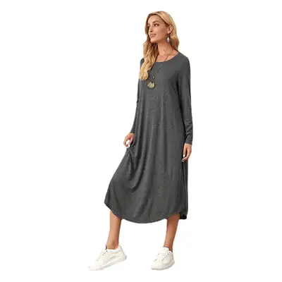 Women's Grey Long Sleeve Casual Dress with Curved Hem