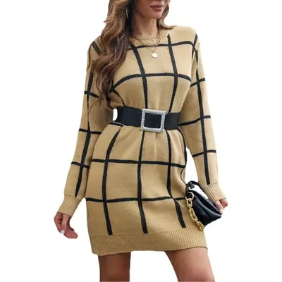 Women's Long Sleeve Plaid Sweater Dress Beige Black