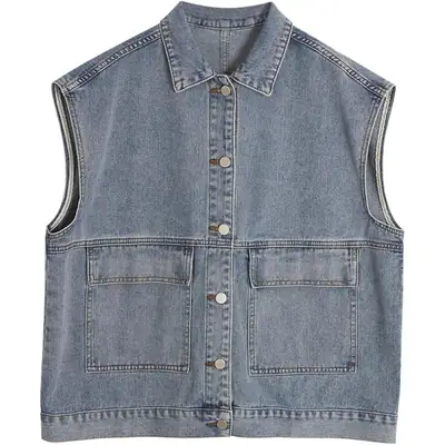 Women Sleeveless Denim Vest Jacket White Striped Shirt