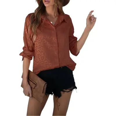 European Women's Leopard Print Satin Shirt Long Sleeve