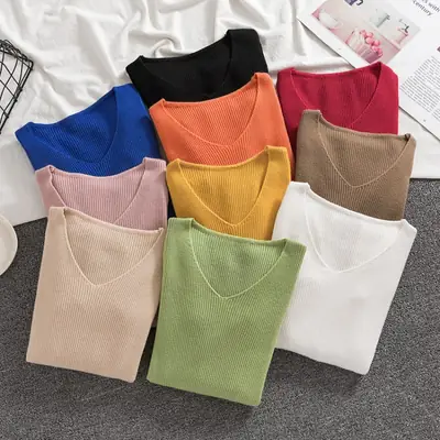 Women V-neck Knitted Sweater Green Long Sleeve