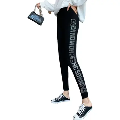Women Slim Leggings with Rhinestone Bear Design