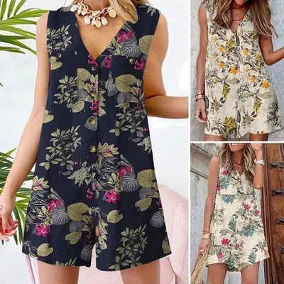 Muslim Women's Floral Jumpsuit Vest Shorts Set
