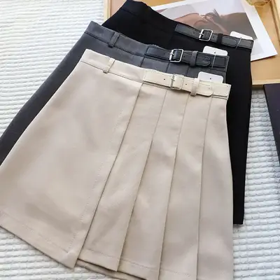 Korean Women's Pleated Belt Skirt Suit White 7114