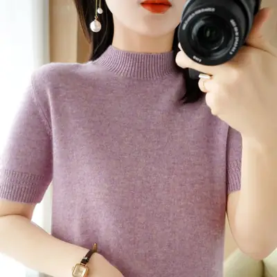 Women Knitted Half-High Collar Pullover Purple