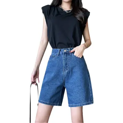 Women Denim Shorts Blue High Waist Slimming 2022