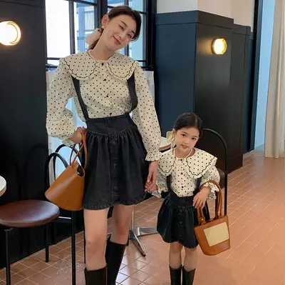 Korean Wave Point Shirt + Denim Strap Skirt Set
