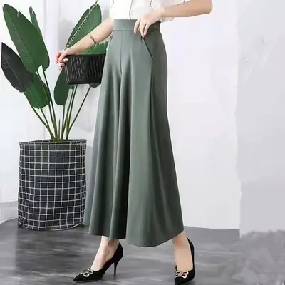 Women's Ice Silk Wide Leg Pants with Elastic Waist & Crop Top