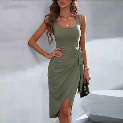 2025 Grey Slim Fit Tie Waist Dress for Women