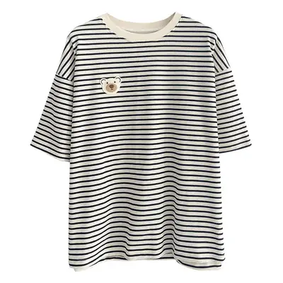 Women Cotton Striped T-Shirt Short Sleeve Round Neck