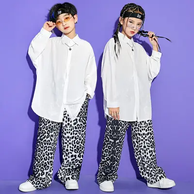 White Hip Hop Dance Suit for Boys Girls Leopard Pants